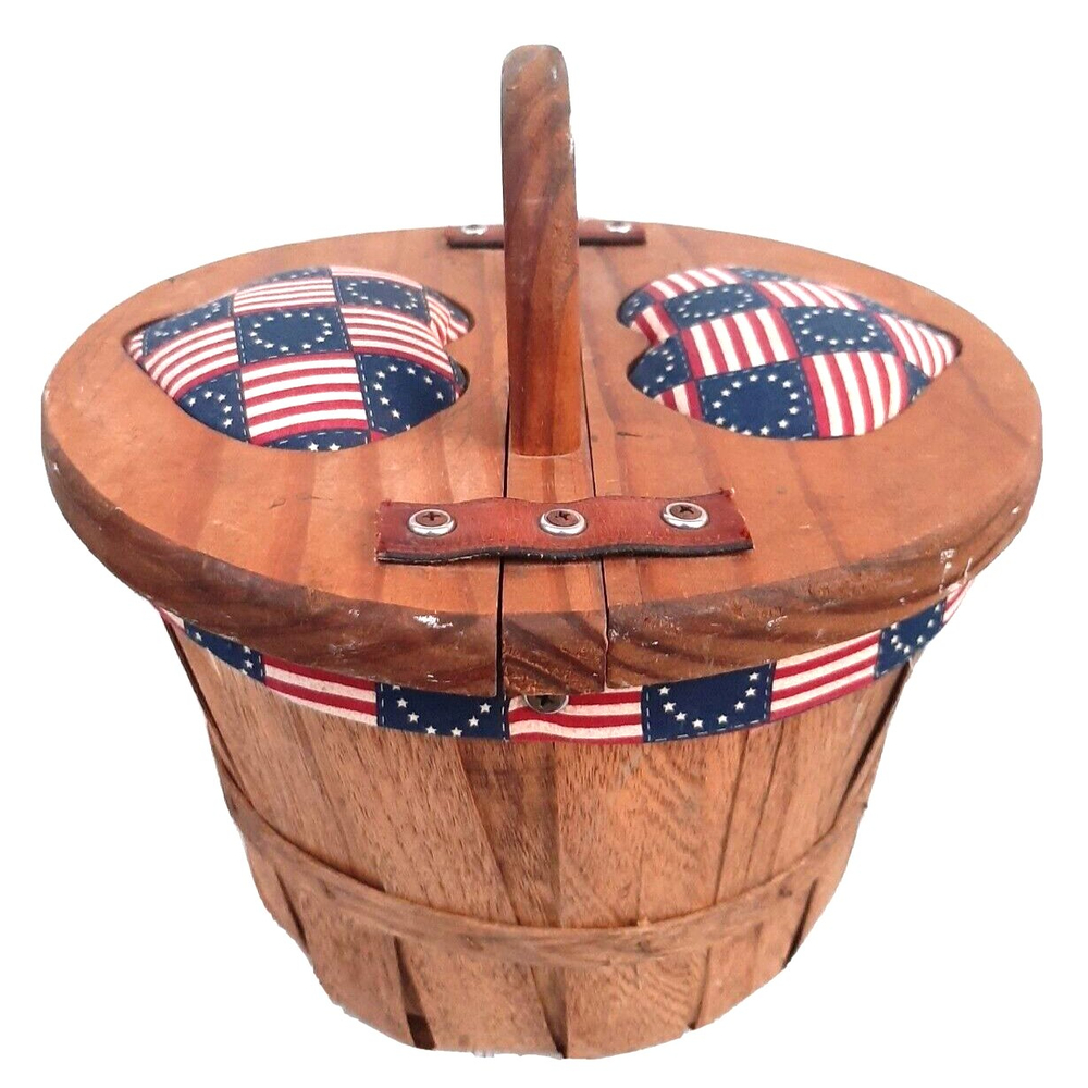 Vintage 13 Star Wood Double Lid Barrel Weave Basket Lined Flag Heart Leather USA